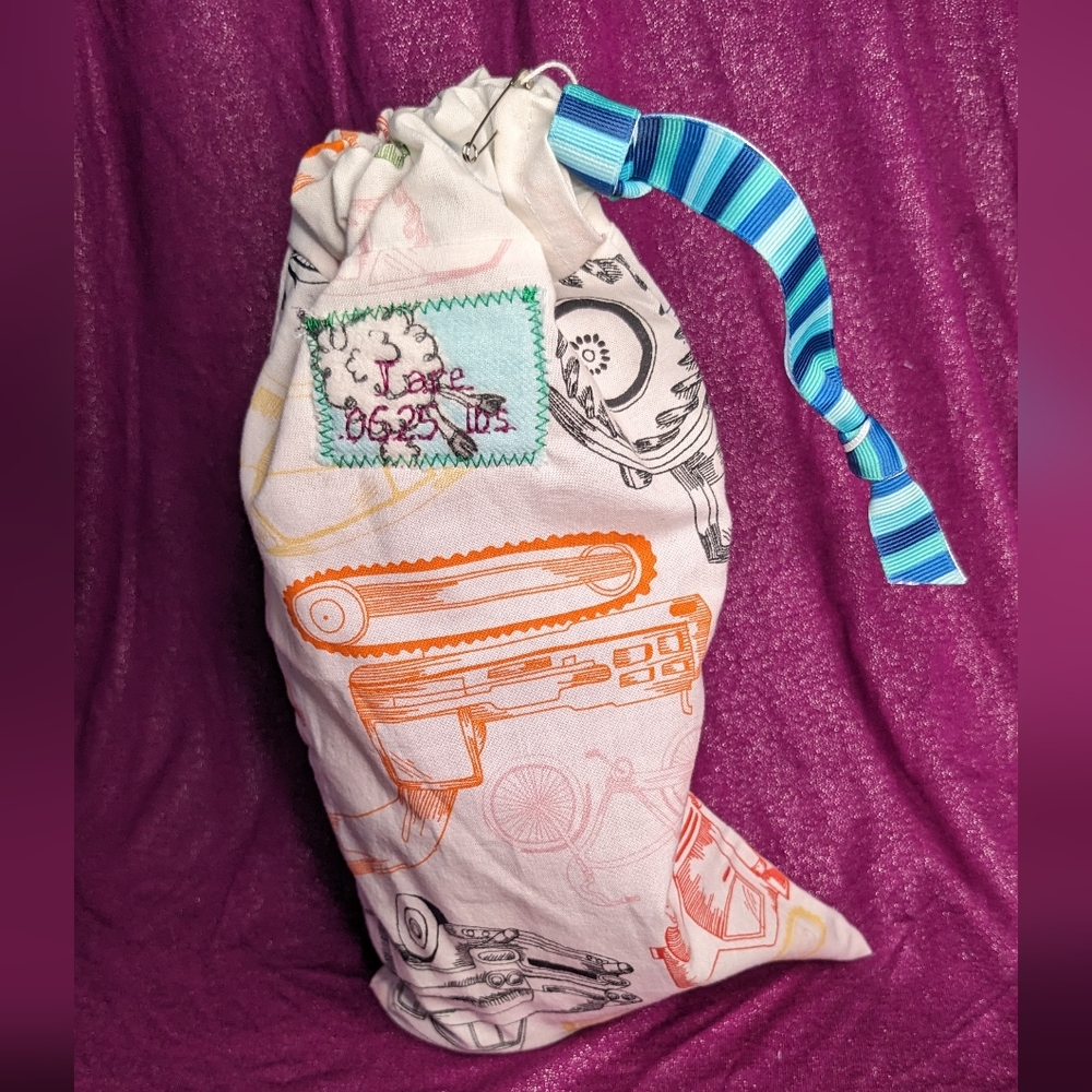 Reusable produce bag with tare weight- trucks and blue ribbon